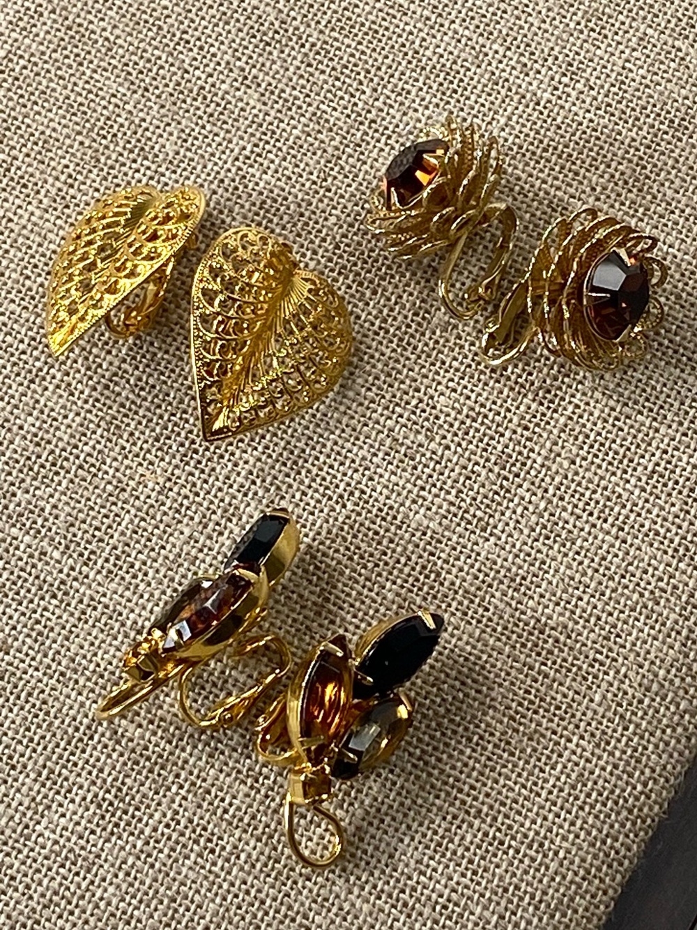 3pc Gold-Tone Leaf, Rhinestone Faceted + Sarah Coventry Amber Clip Earrings